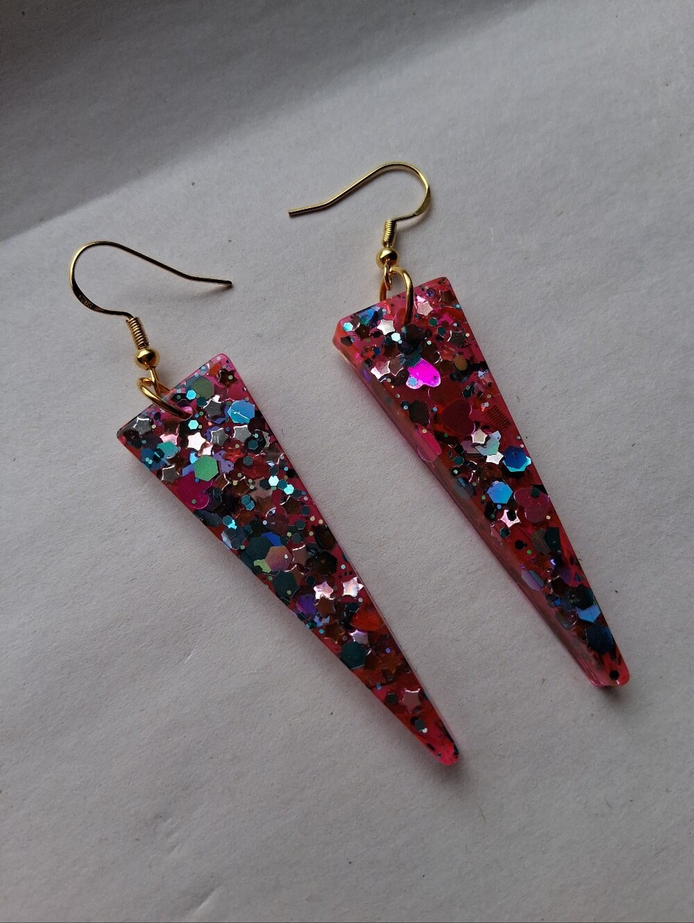 Hand Crafted Pink Glitter Triangle Drop Earrings - Picture 3 of 4
